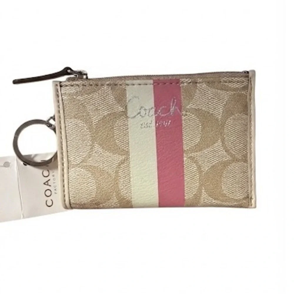 Coach Mini Skinny ID Case Khaki Pink Signature Monogram F43552 New With Tags